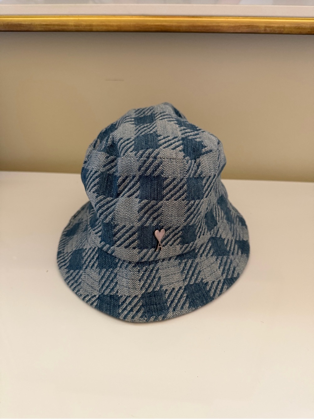 Ami Blue Plaid Bucket Hat with Heart Pin